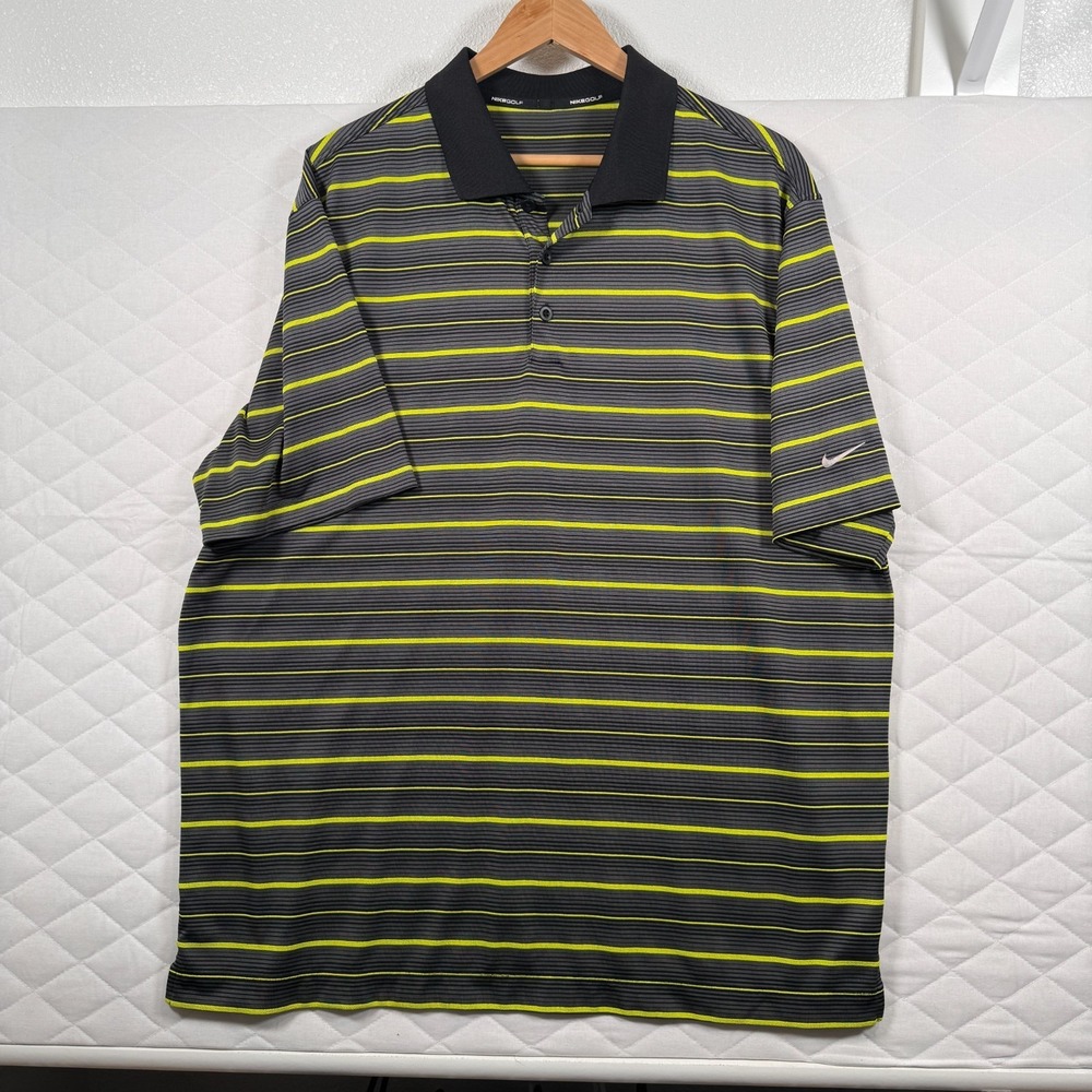 Nike Golf Dri-FIT Polo Shirt XL Gray Black Neon Yellow Striped Athletic Golf‎